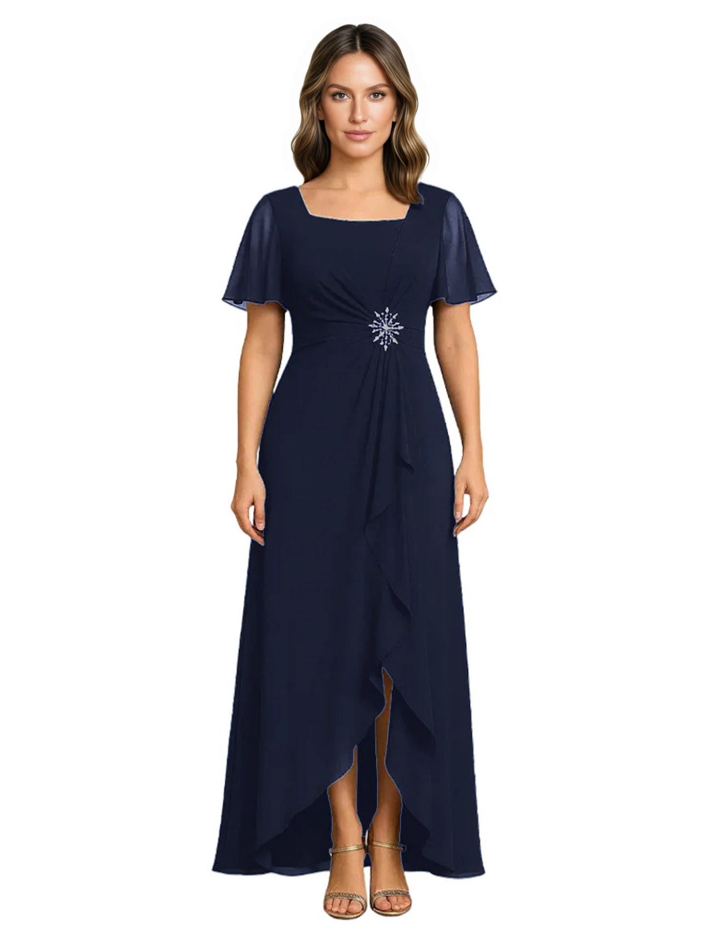 Formal High-Low Mother of the Bride Gown Sleeved Chiffon Maxi Dress Ruched Waist