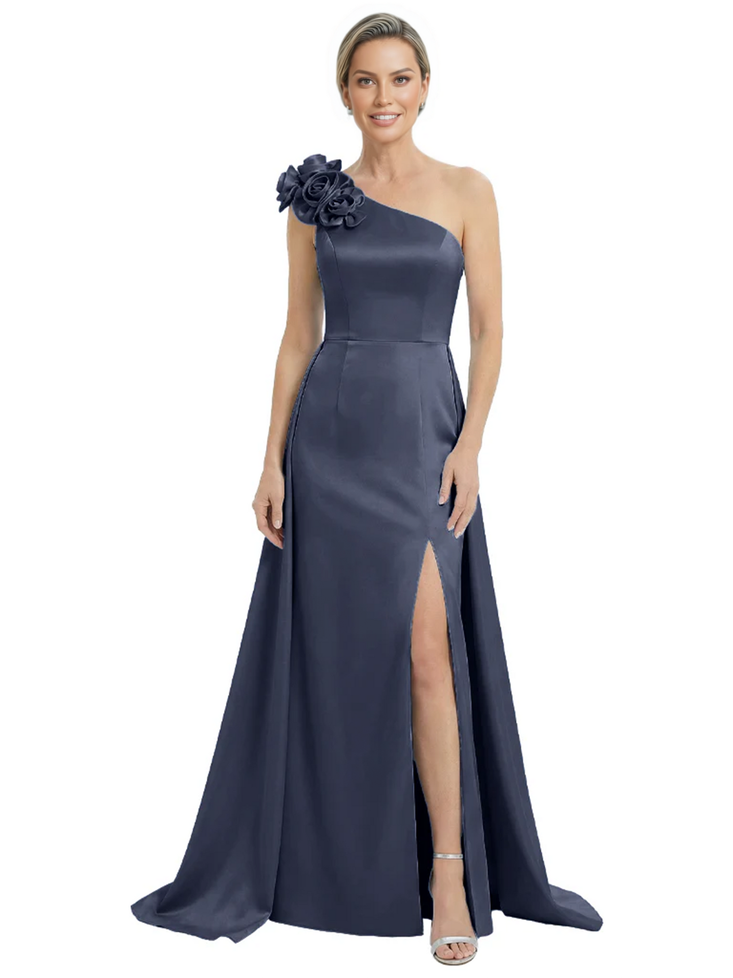 One Shoulder Mother of the Bride Dress with 3D Floral Detail Formal Dress A-Line Gowns with Slit