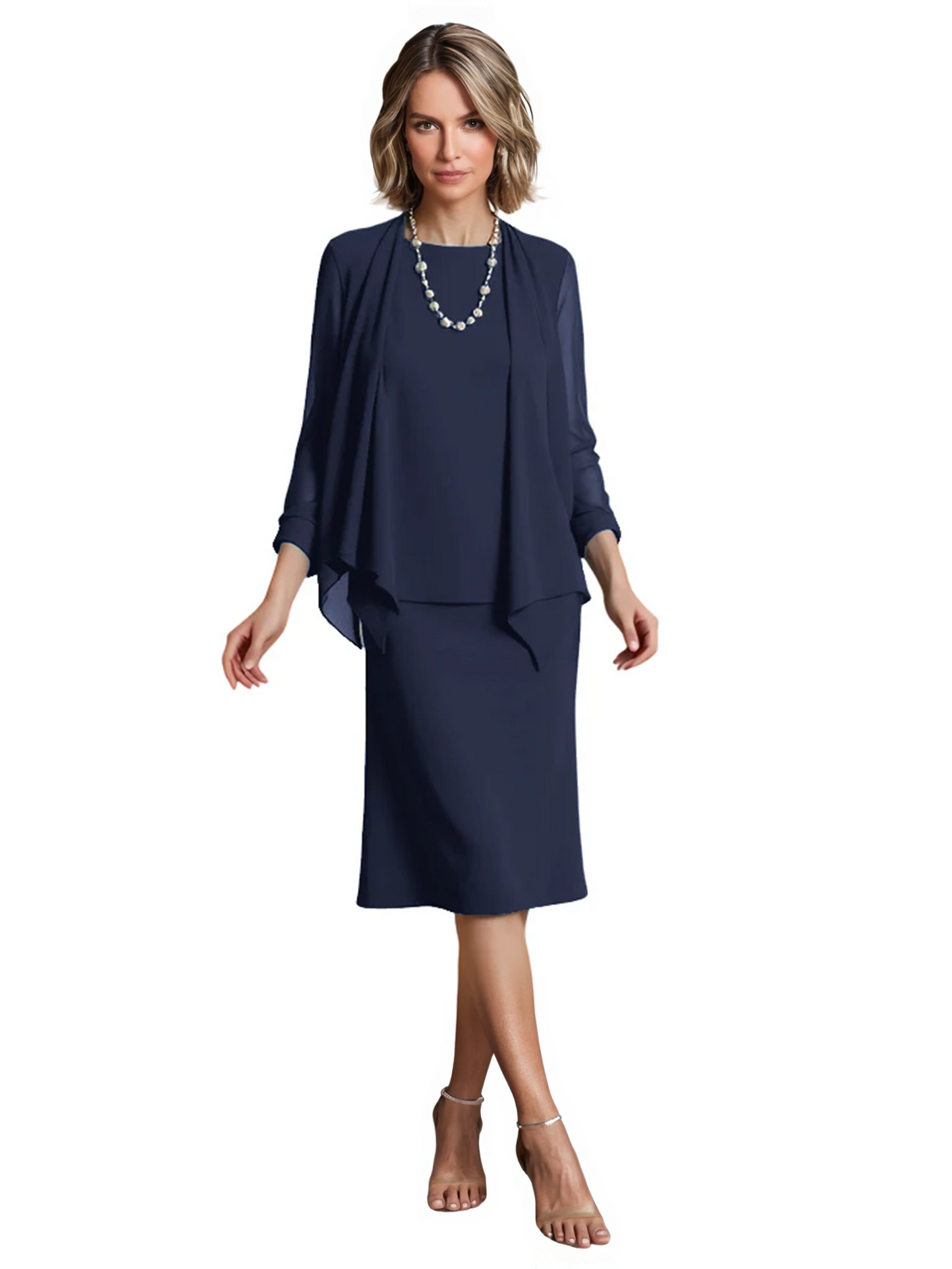 3 PCS Knee-Length Mother of Bride Dresses Prom Dress Evening Dress with Sheer Sleeves and Jacket