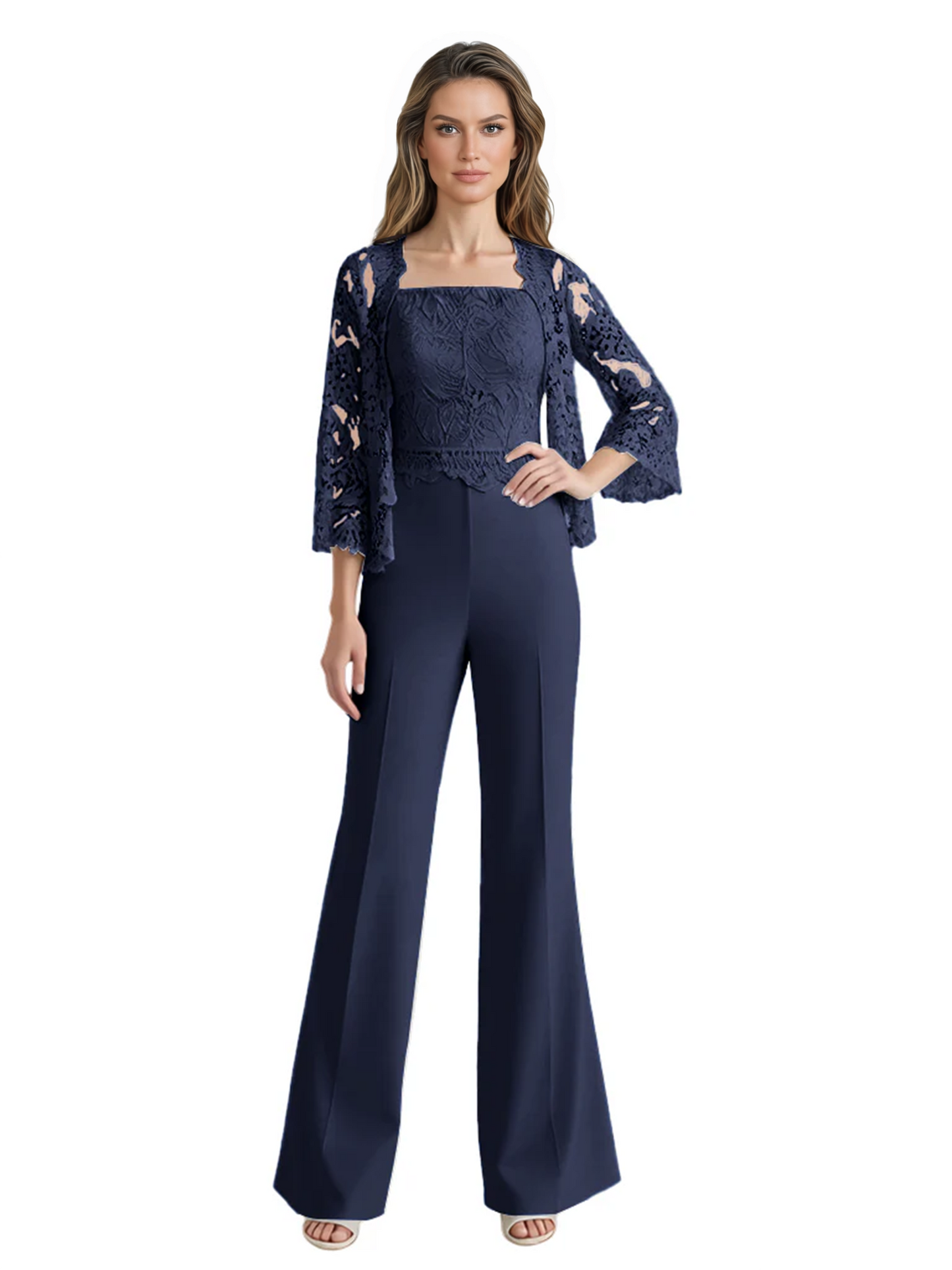 Mother of the Bride Jumpsuit with Lace Jacket 3/4 Sleeve Formal Pant Suit