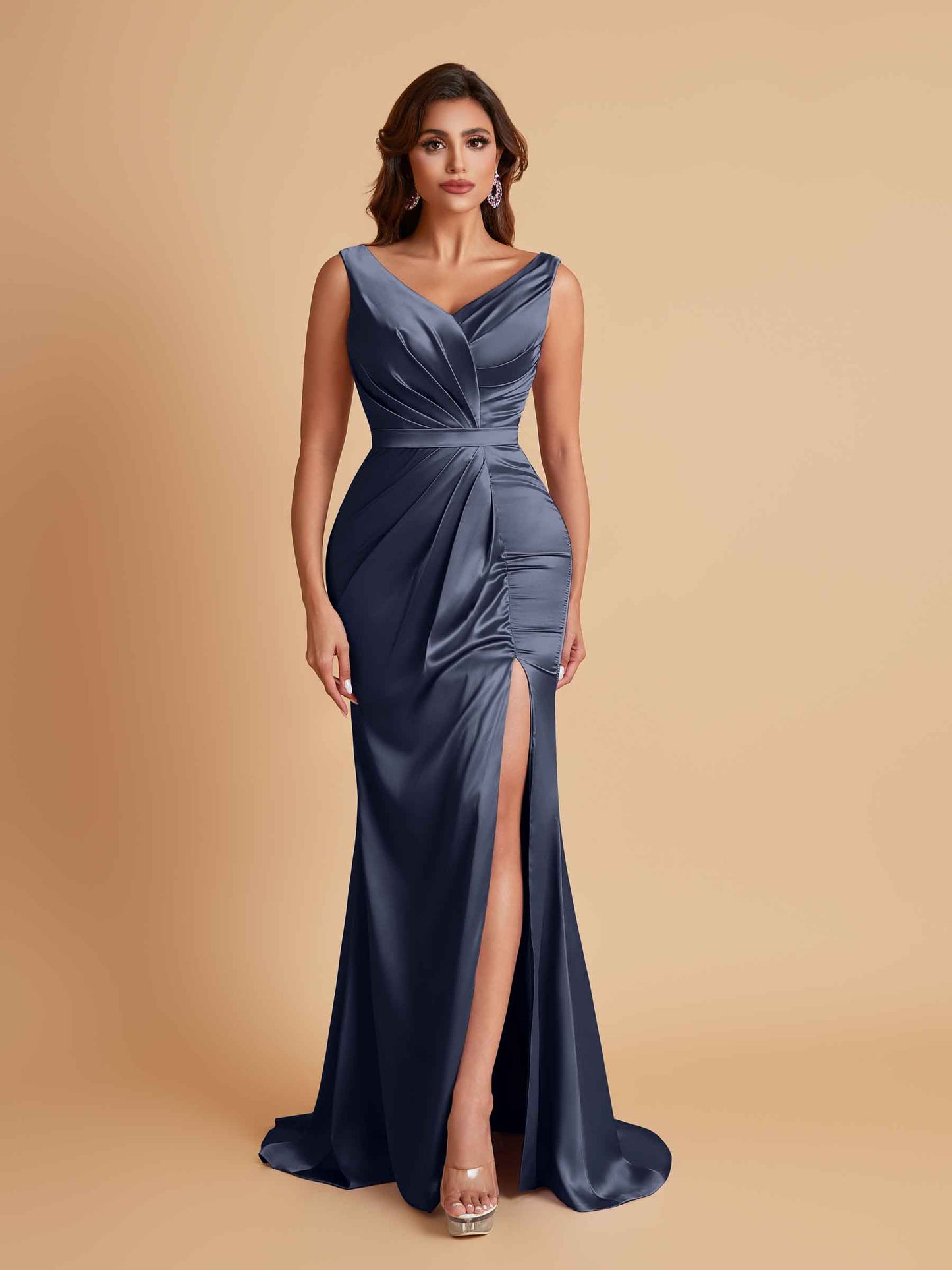 Elegant V Neck Soft Satin Side Slit Floor-Length Mermaid Bridesmaid Dresses