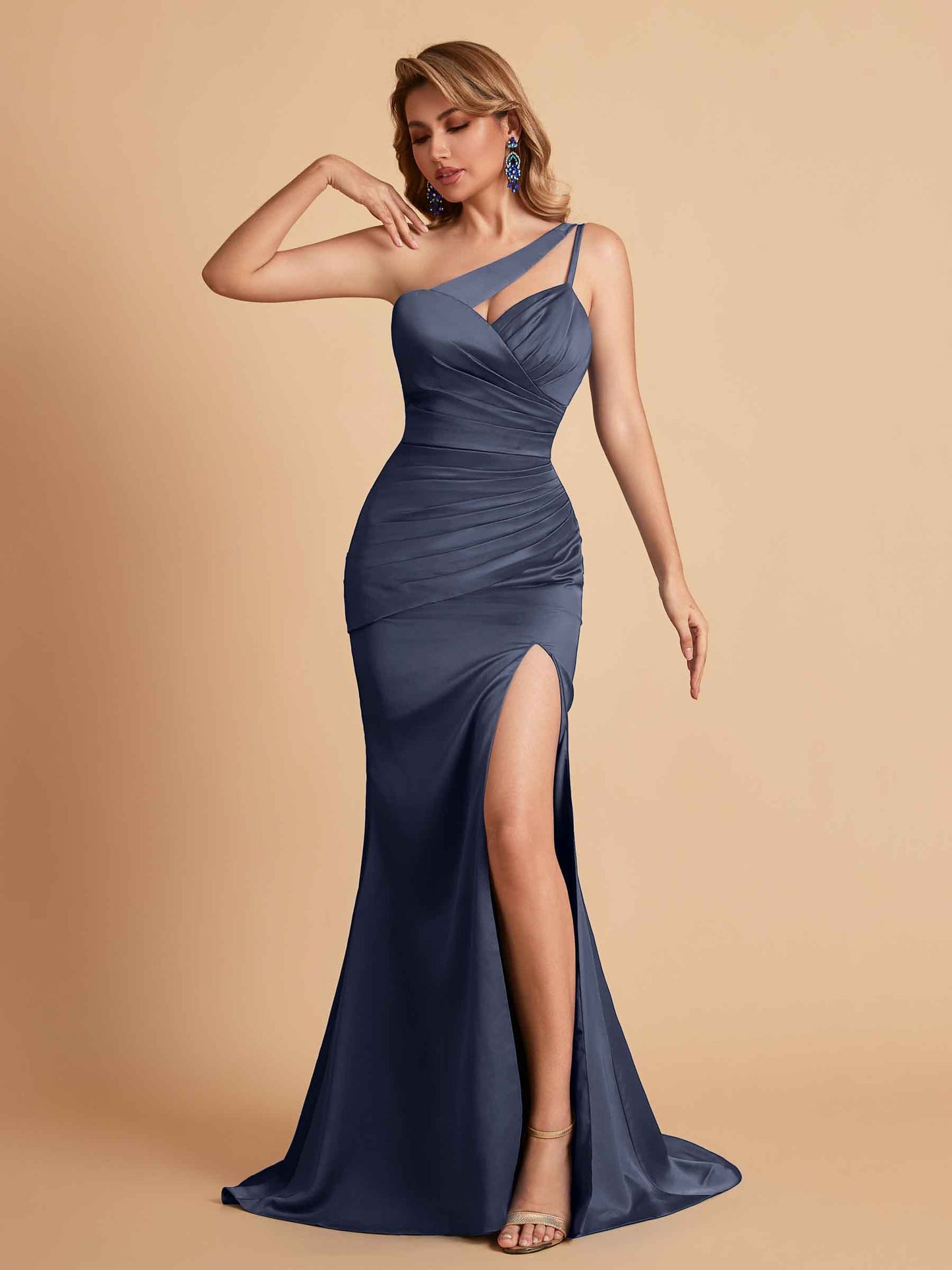 Elegant Satin One Shoulder Mermaid Side Slit Floor Length Bridesmaid Dresses