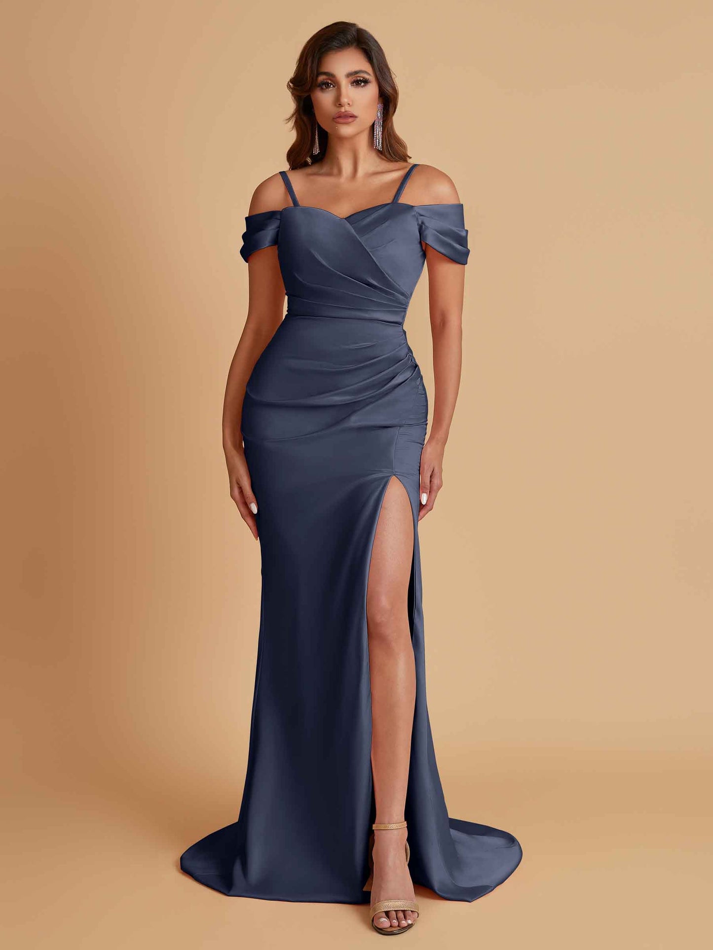 Sexy Soft Satin Mermaid Cold Shoulder Side Slit Floor-Length Bridesmaid Dresses Online