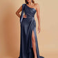 Sexy Soft Satin Mermaid One Shoulder Asymmetrical Side Slit Floor-Length Bridesmaid Dresses