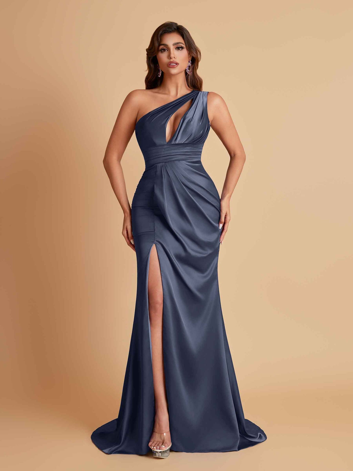 Sexy One Shoulder Soft Satin Side Slit Floor-Length Mermaid Bridesmaid Dresses