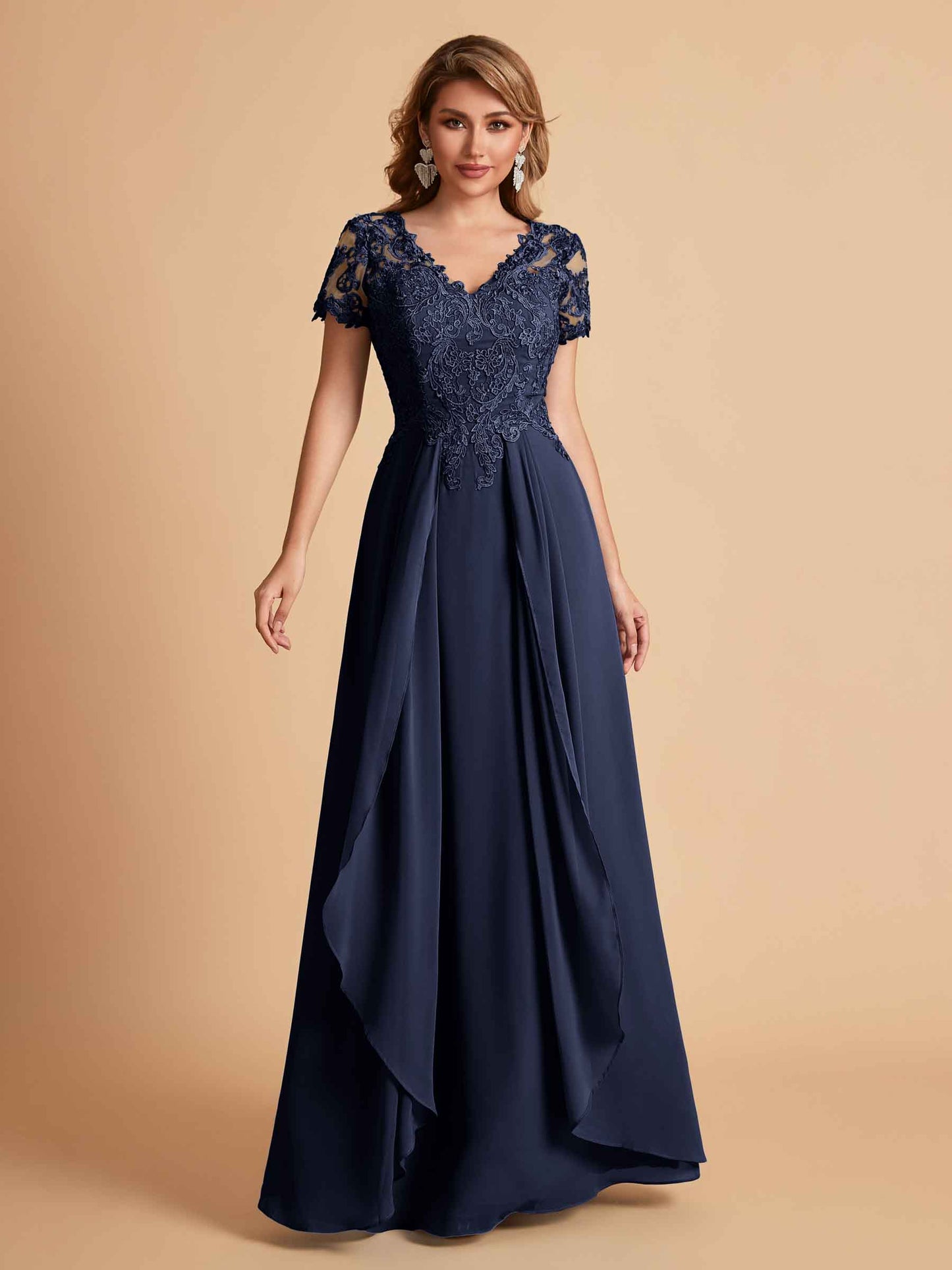 Elegant A-Line Chiffon Short Sleeves V-neck Mother of the Brides Dresses Lace Top MOB Dresses