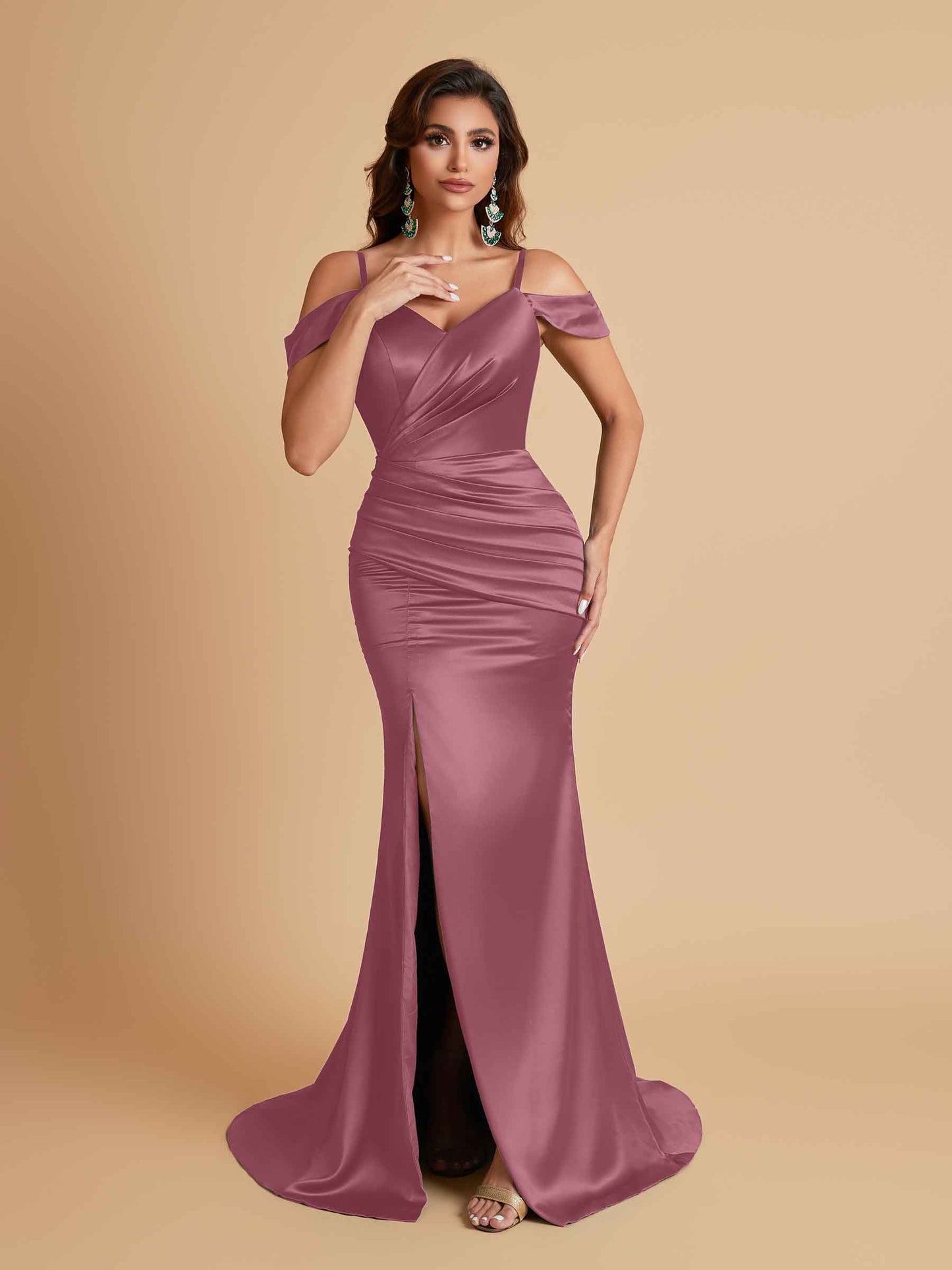 Sexy Soft Satin Mermaid Off Shoulder Side Slit Floor-Length Mermaid Bridesmaid Dresses