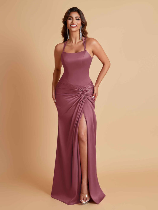 Gorgeous Square Criss Cross Soft Satin Side Slit Floor-Length Mermaid Bridesmaid Dresses