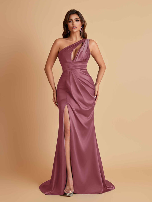 Sexy One Shoulder Soft Satin Side Slit Floor-Length Mermaid Bridesmaid Dresses