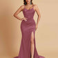 Sexy Spaghetti Straps V Neck Soft Satin Side Slit Floor-Length Mermaid Bridesmaid Dresses