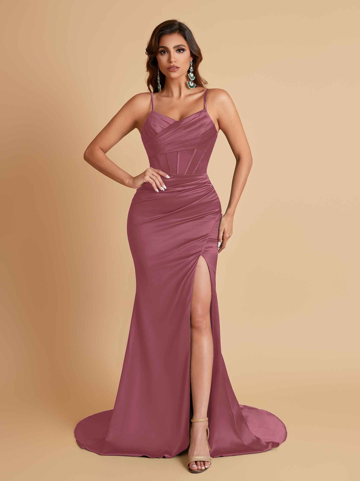 Sexy Spaghetti Straps V Neck Soft Satin Side Slit Floor-Length Mermaid Bridesmaid Dresses