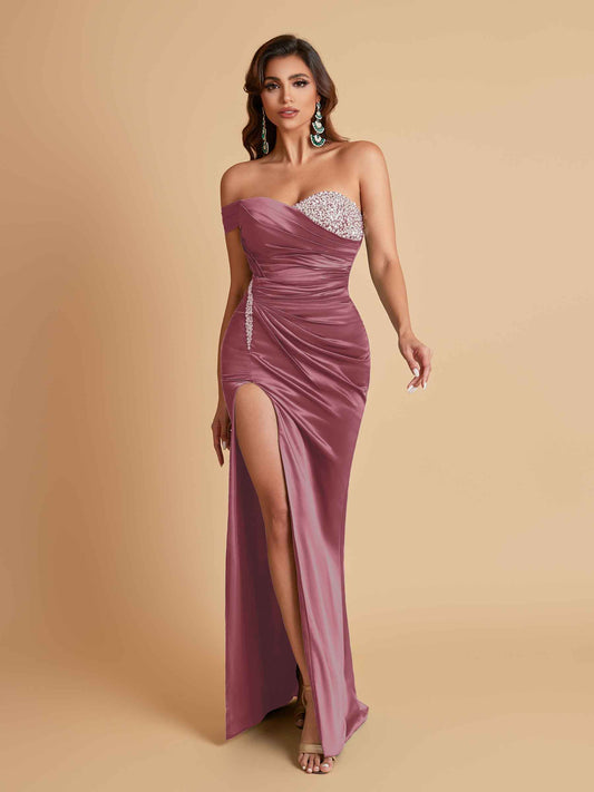 Sexy Soft Satin Mermaid One Shoulder Side Slit Floor-Length Mermaid Bridesmaid Dresses
