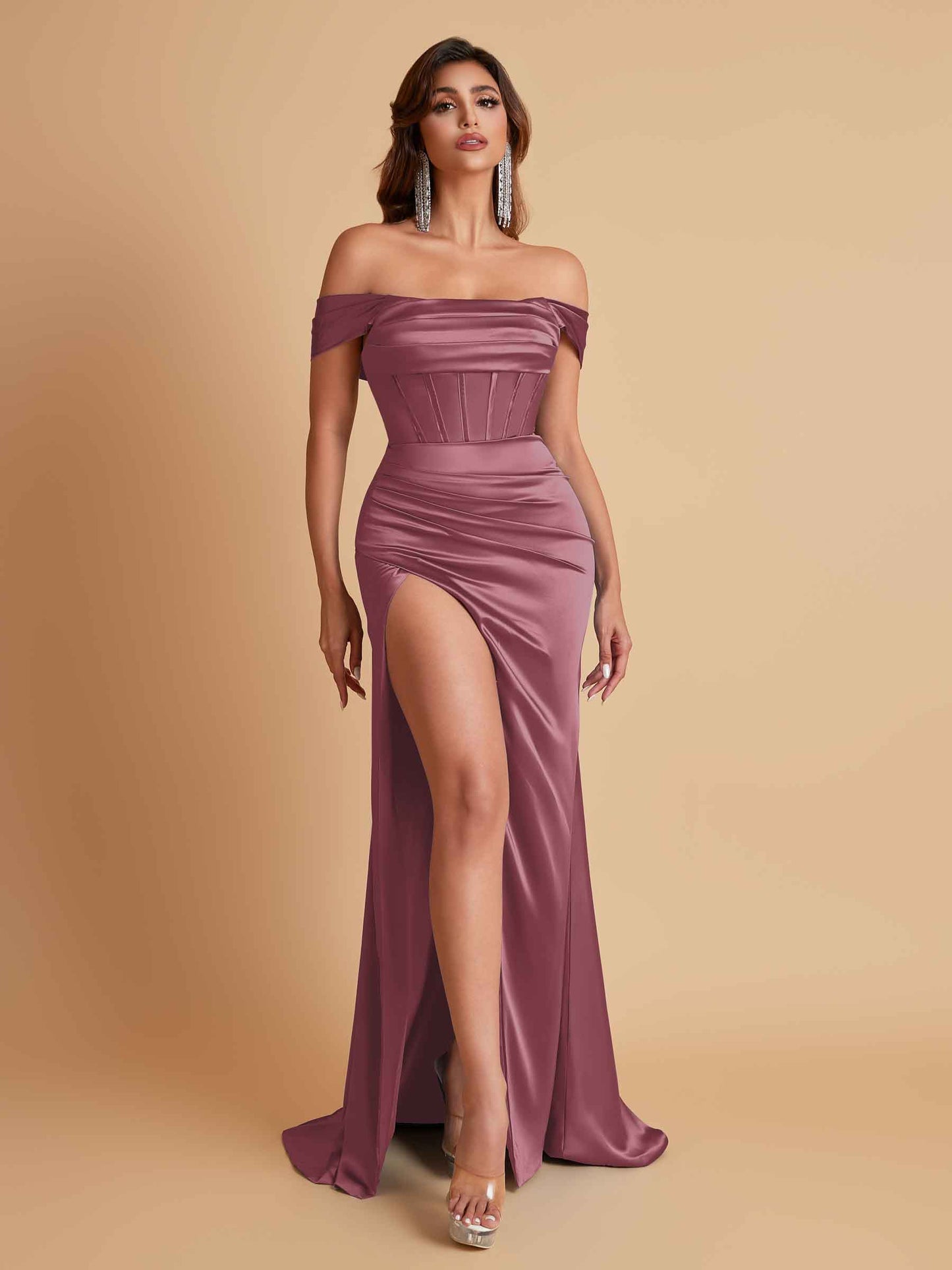 Sexy Off the Shoulder Soft Satin Side Slit Floor-Length Mermaid Bridesmaid Dresses