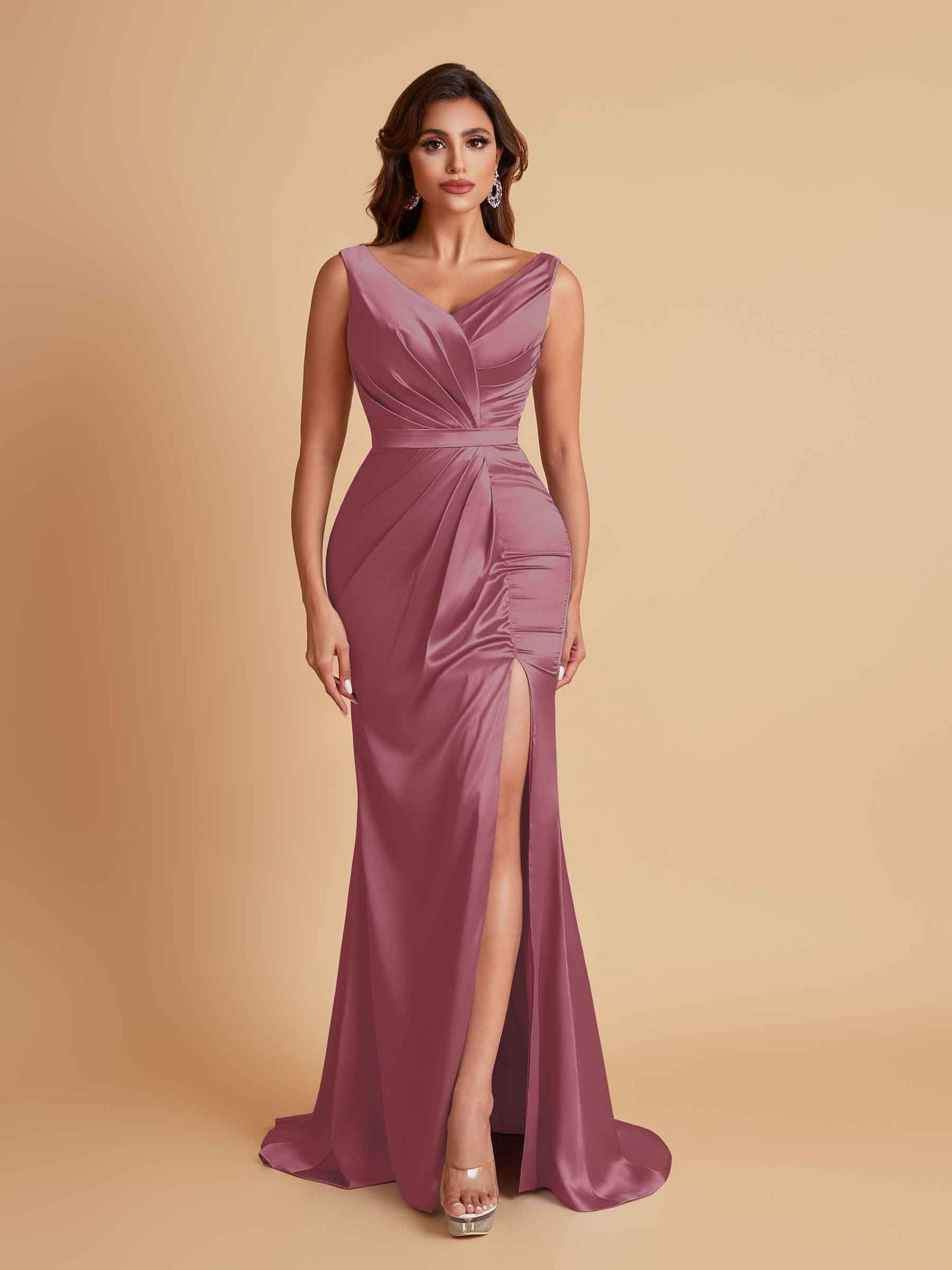 Elegant V Neck Soft Satin Side Slit Floor-Length Mermaid Bridesmaid Dresses