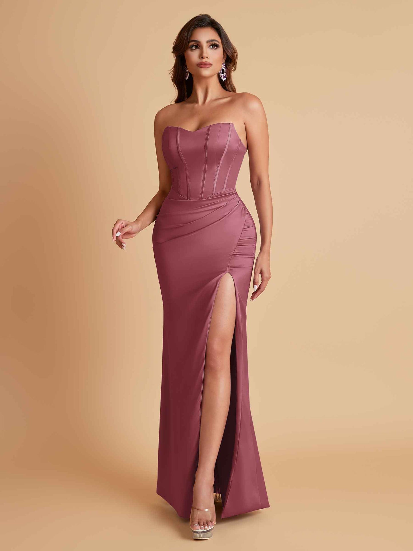 Sexy Strapless Soft Satin Side Slit Floor-Length Mermaid Bridesmaid Dresses