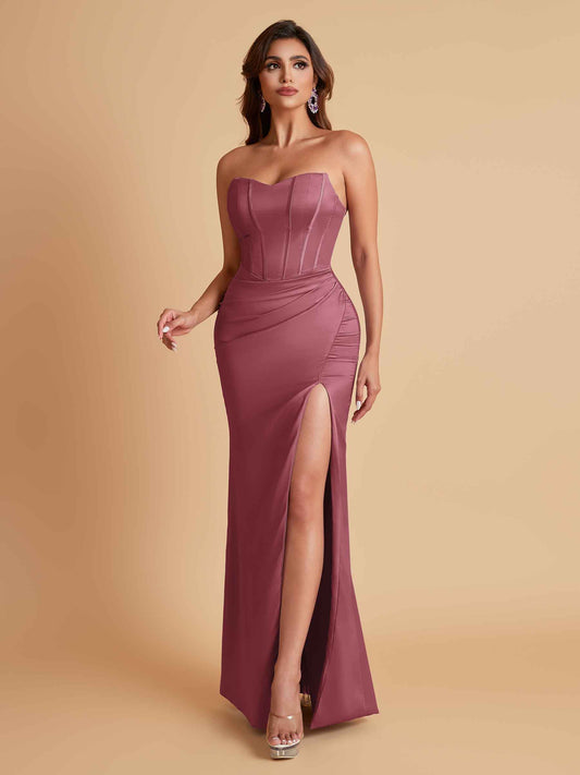 Sexy Strapless Soft Satin Side Slit Floor-Length Mermaid Bridesmaid Dresses