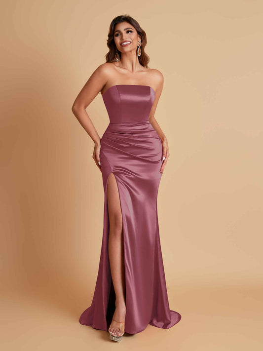 Elegant Soft Satin Strapless Split Side Mermaid Bridesmaid Dresses