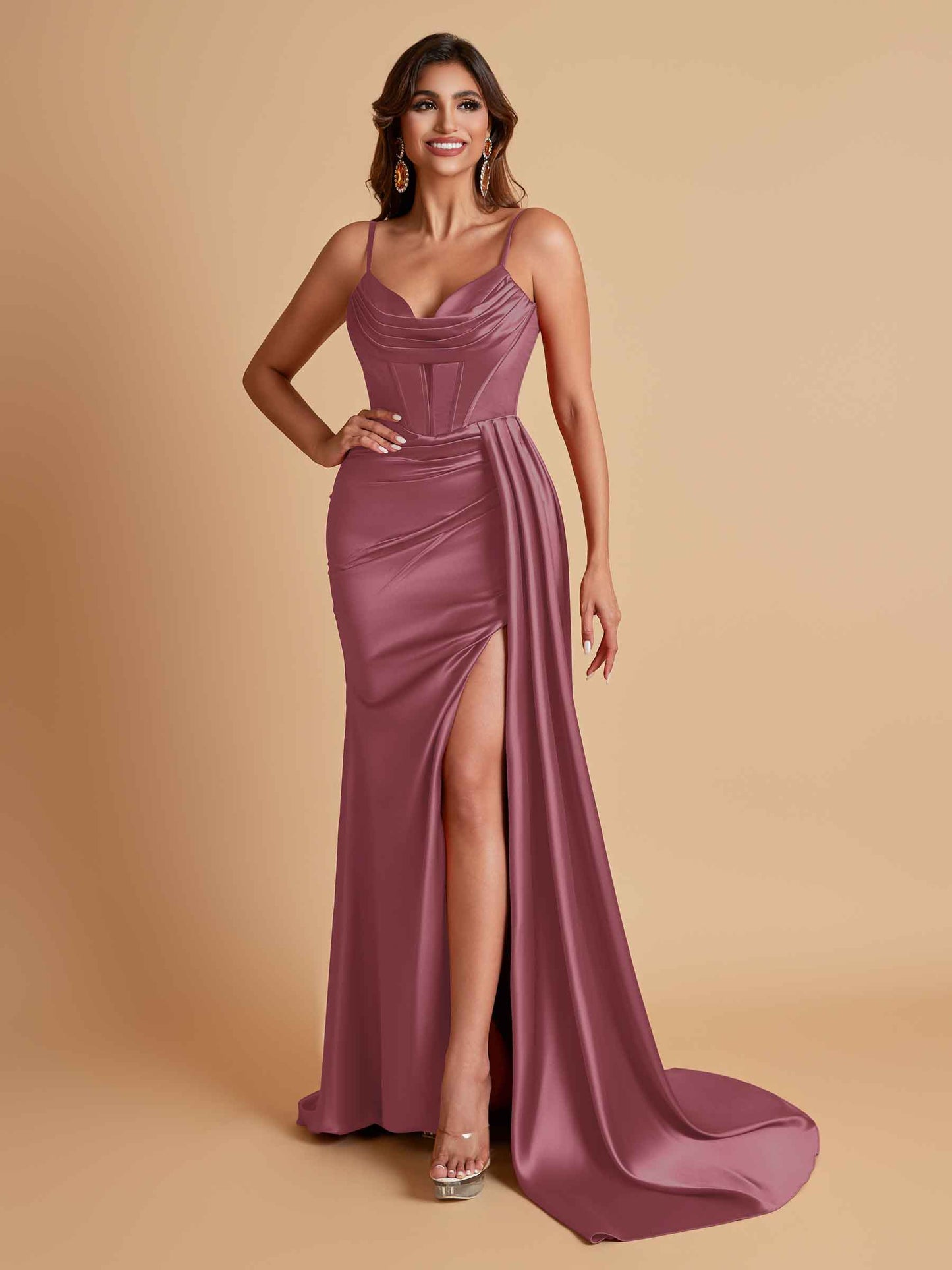Sexy Soft Satin V-neck Spaghetti Strap Side-Slit Mermaid Bridesmaid Dresses