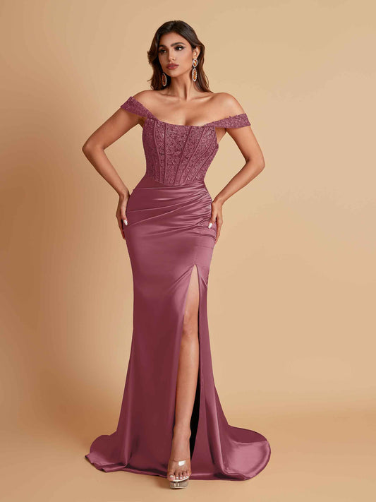Sexy Soft Satin V-neck Off-the-shoulder Strapless Side-Slit Mermaid Bridesmaid Dresses