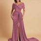 Elegant Soft Satin V-neck Off-the-Shoulder Side-Slit Mermaid Bridesmaid Dresses