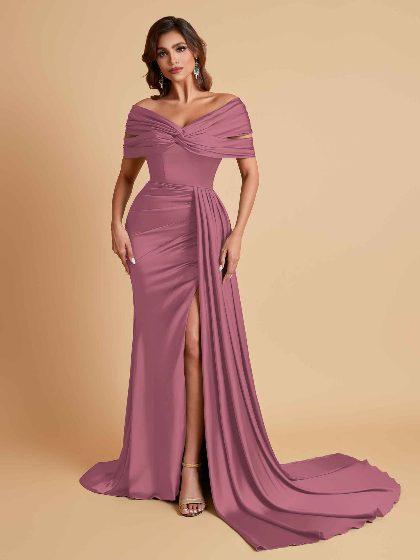 Elegant Soft Satin V-neck Off-the-Shoulder Side-Slit Mermaid Bridesmaid Dresses