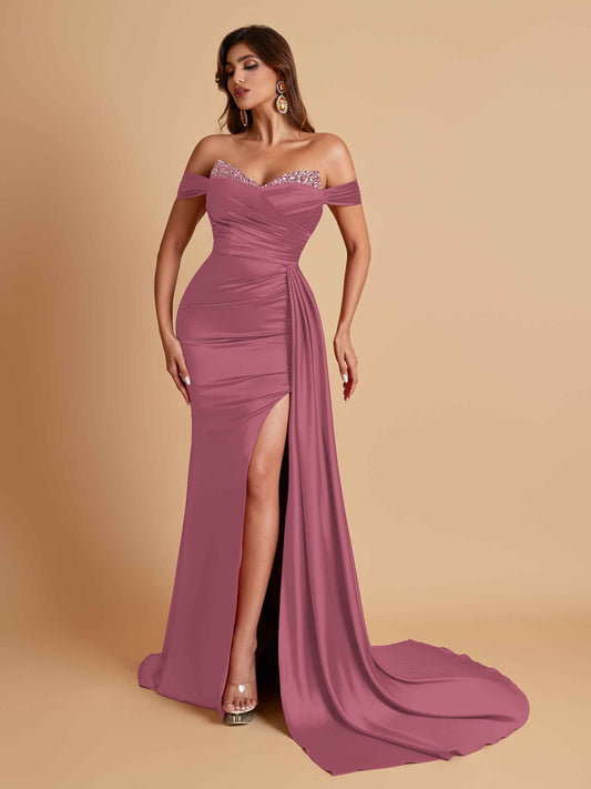 Gorgeous Soft Satin V-neck Off-the-Shoulder Side-Slit Mermaid Bridesmaid Dresses