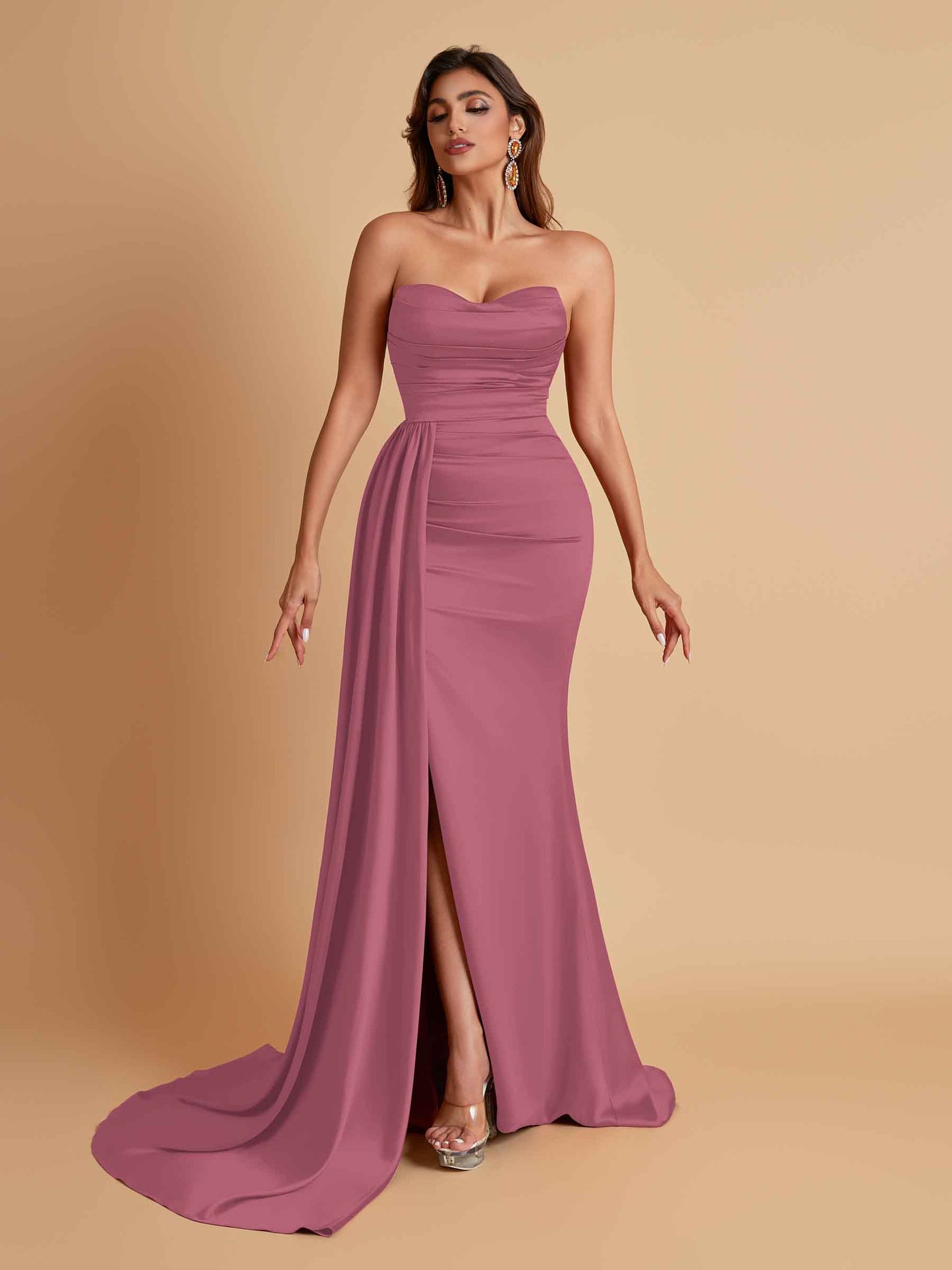 Elegant Soft Satin Sweetheart Strapless Side-Slit Mermaid Bridesmaid Dresses