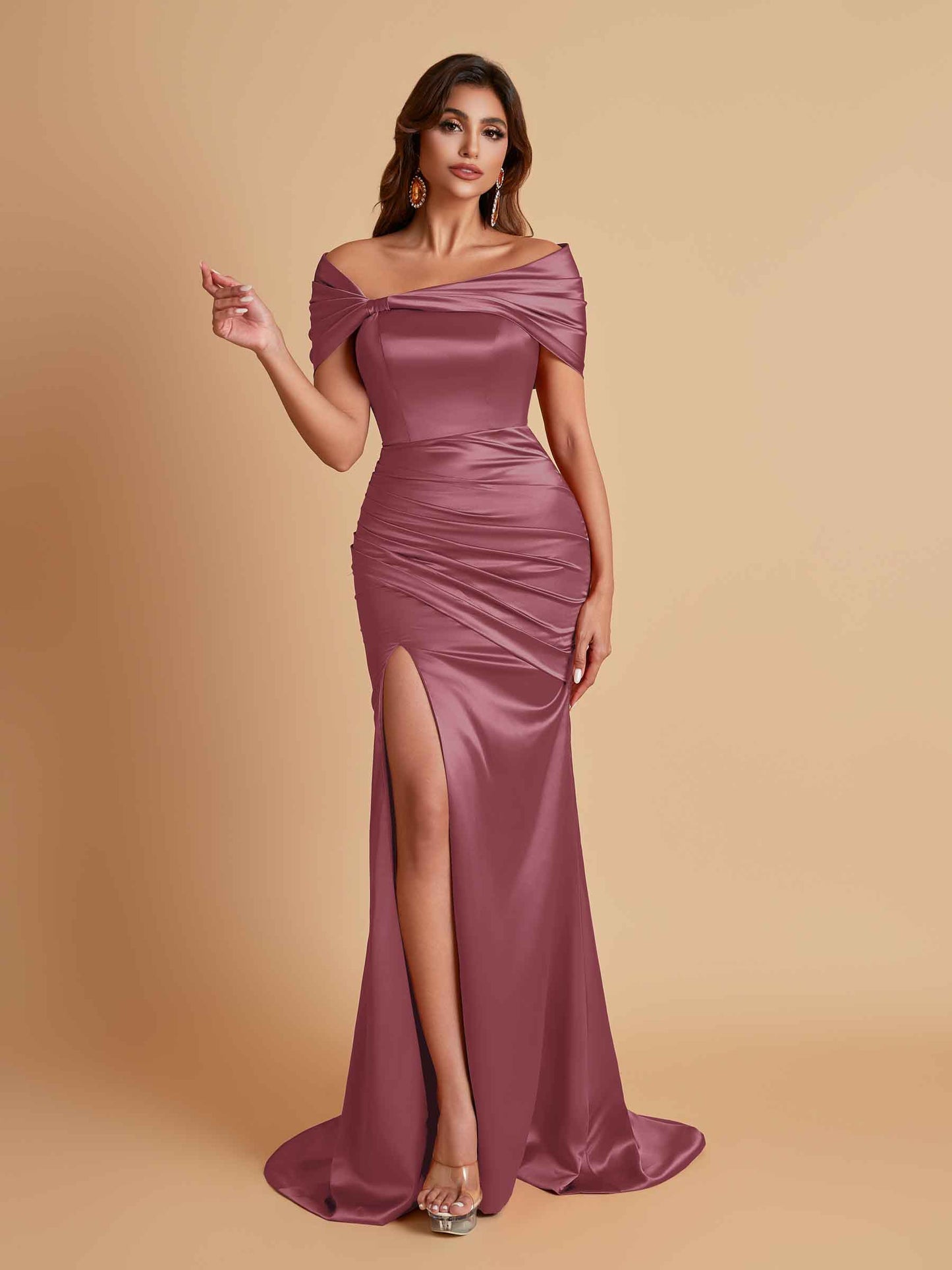 Elegant Soft Satin Off-the-shoulder Side-Slit Mermaid Bridesmaid Dresses