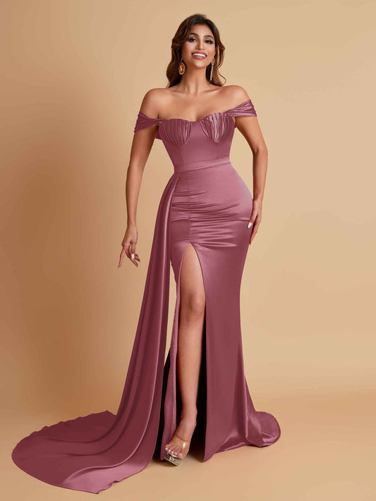 Sexy Soft Satin Sweetheart Off-the-shoulder Strapless Side-Slit Mermaid Bridesmaid Dresses