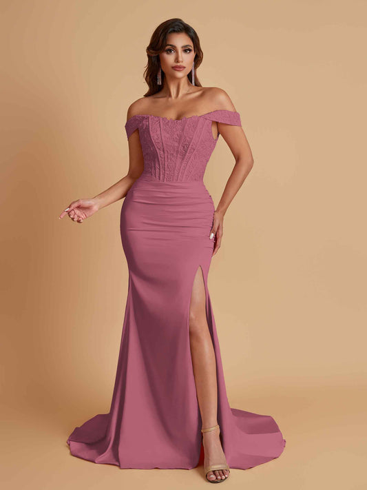 Elegant Soft Satin Mermaid Off Shoulder Side Slit Floor-Length Mermaid Bridesmaid Dresses