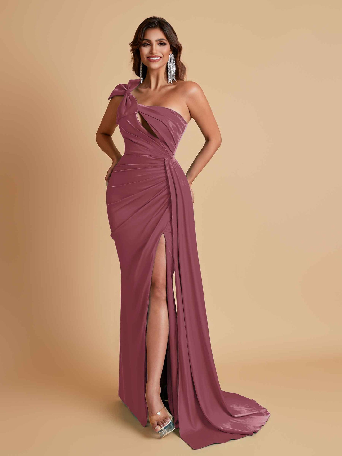 Gorgeous One Shoulder Bow Knot Soft Satin Side Slit Floor-Length Mermaid Bridesmaid Dresses