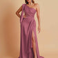 Sexy Soft Satin Mermaid One Shoulder Asymmetrical Side Slit Floor-Length Bridesmaid Dresses