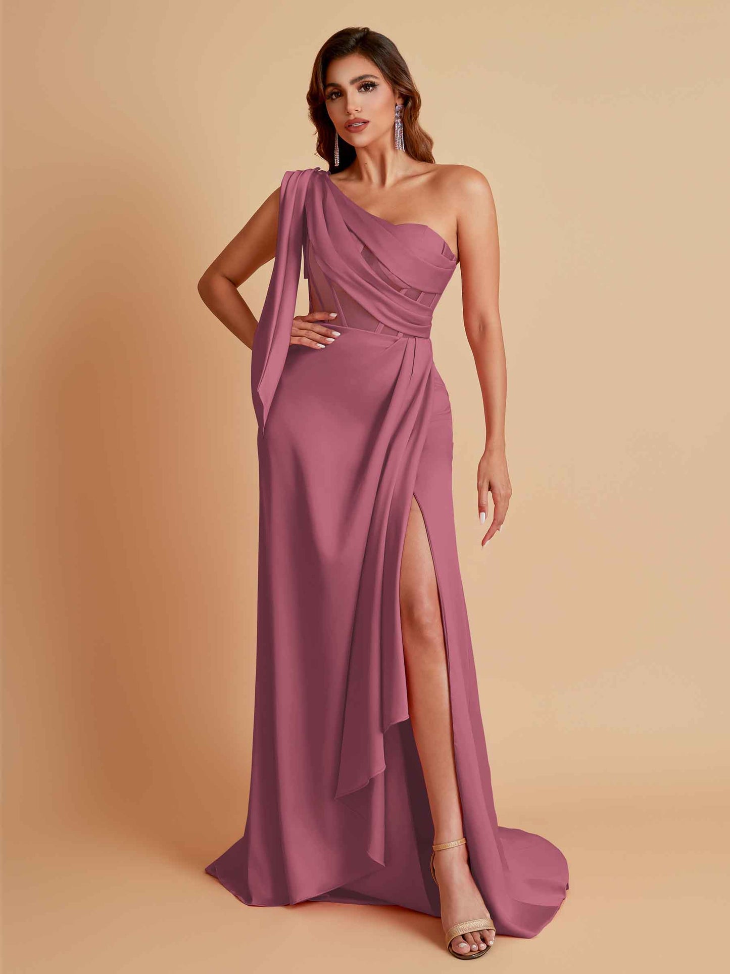 Sexy Soft Satin Mermaid One Shoulder Asymmetrical Side Slit Floor-Length Bridesmaid Dresses