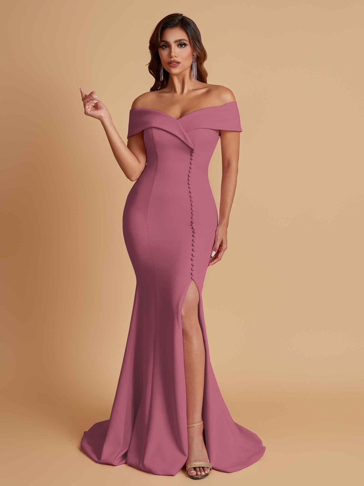 Elegant Soft Satin Mermaid Off Shoulder Side Slit Floor-Length Bridesmaid Dresses