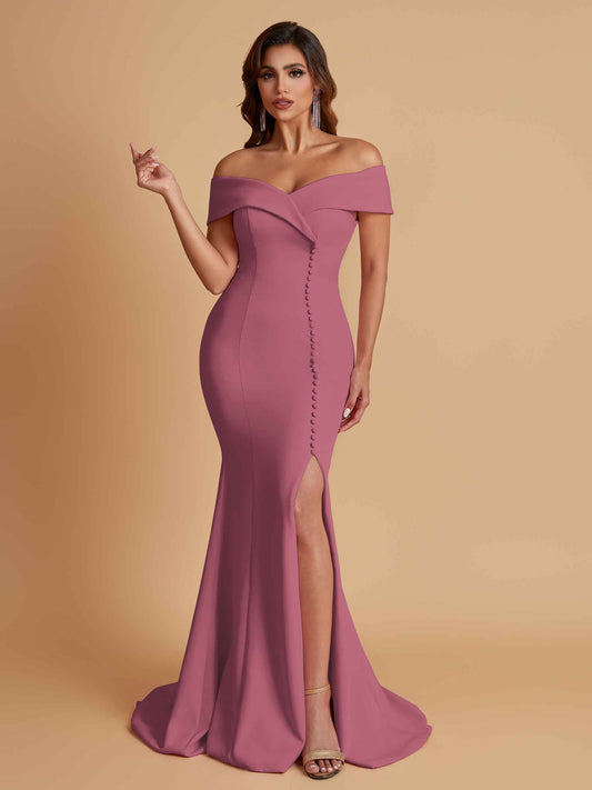 Elegant Soft Satin Mermaid Off Shoulder Side Slit Floor-Length Bridesmaid Dresses