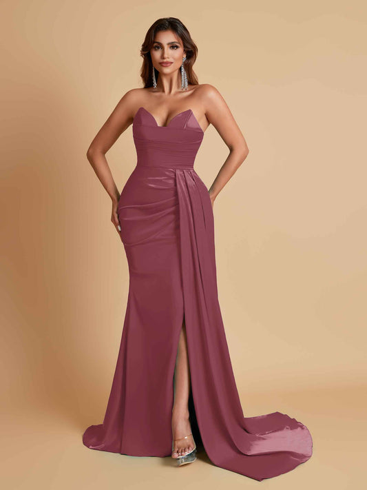 Gorgeous Strapless Soft Satin Side Slit Floor-Length Mermaid Bridesmaid Dresses