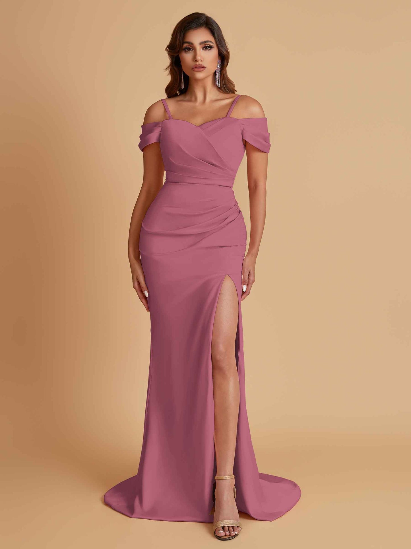 Sexy Soft Satin Mermaid Cold Shoulder Side Slit Floor-Length Bridesmaid Dresses Online