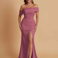 Elegant Soft Satin Mermaid Off Shoulder Asymmetrical Side Slit Floor-Length Bridesmaid Dresses