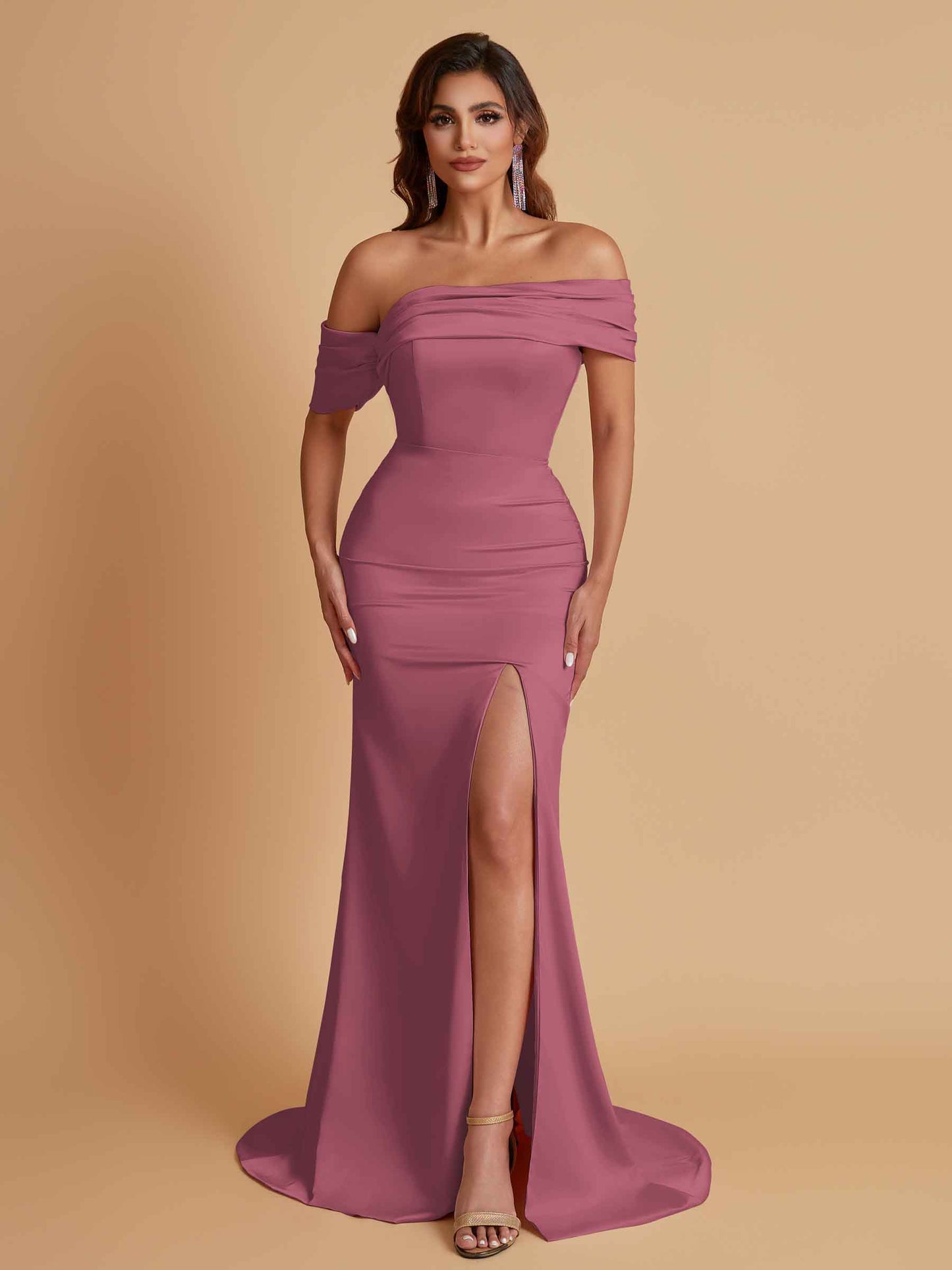 Elegant Soft Satin Mermaid Off Shoulder Asymmetrical Side Slit Floor-Length Bridesmaid Dresses