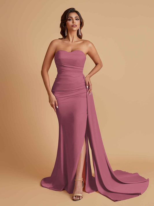 Simple Soft Satin Mermaid Strapless Floor-Length Mermaid Bridesmaid Dresses