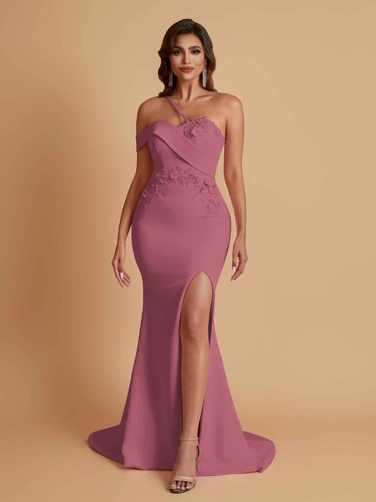 Sexy Soft Satin Mermaid One Shoulder Asymmetrical Side Slit Floor-Length Bridesmaid Dresses