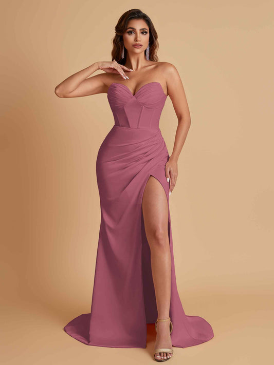 Elegant Soft Satin Mermaid V-neck Side Slit Floor-Length Bridesmaid Dresses Online