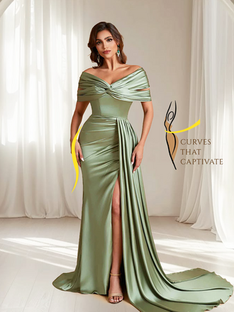 Elegant Soft Satin V-neck Off-the-Shoulder Side-Slit Mermaid Bridesmaid Dresses
