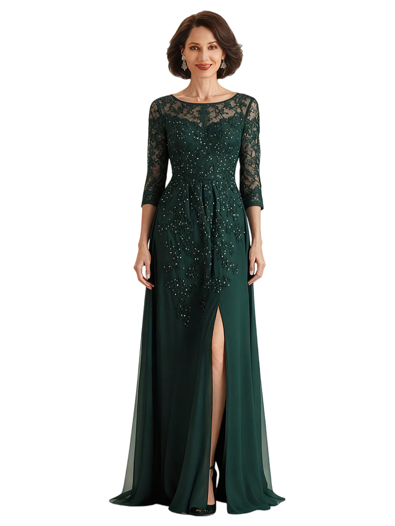 Sexy Slit Mermaid Dresses Mother of The Groom Dresses Long Formal 3/4 Sleeves