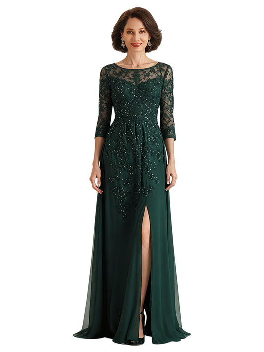 Sexy Slit Mermaid Dresses Mother of The Groom Dresses Long Formal 3/4 Sleeves