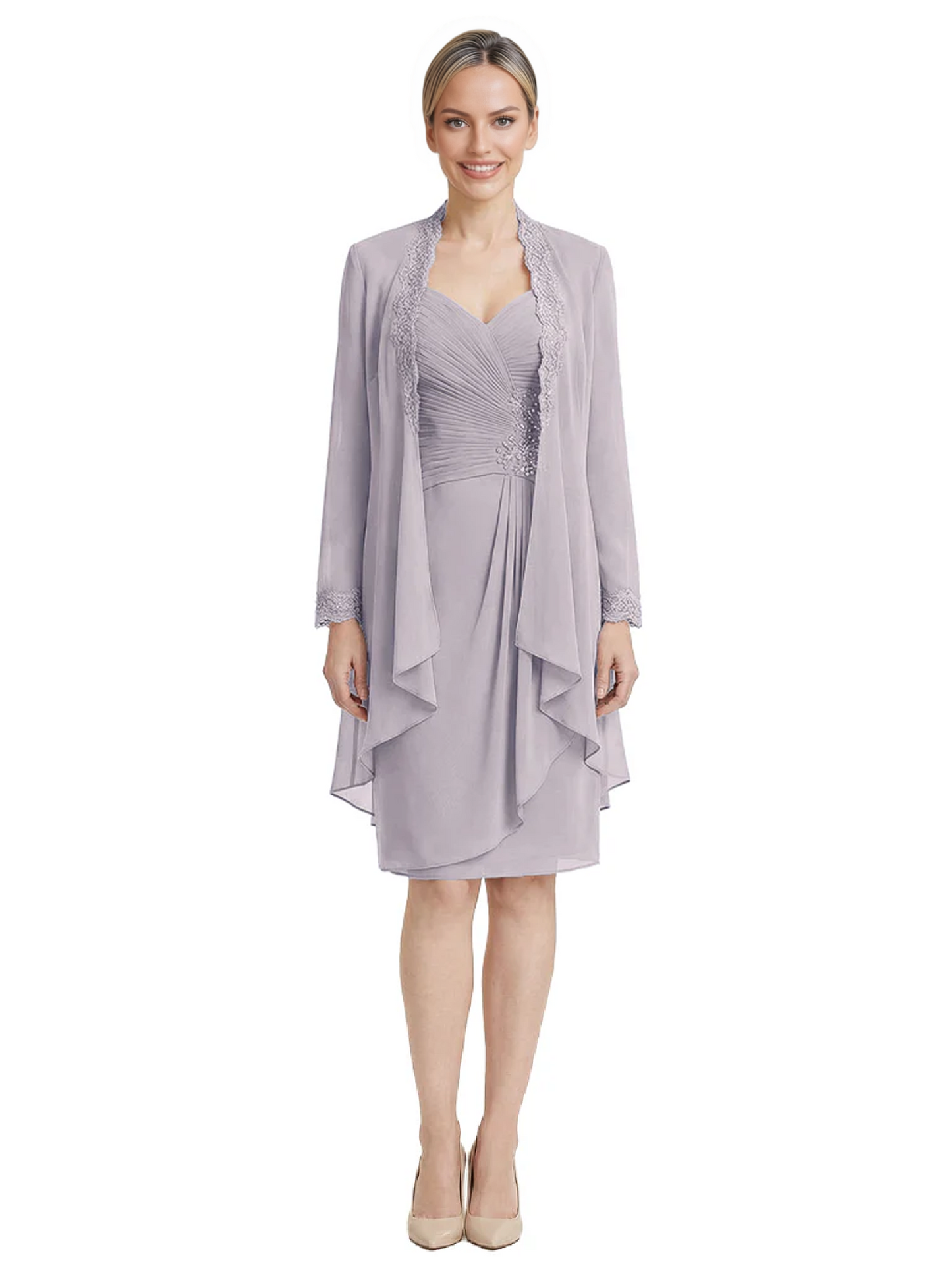 2PCS Knee Length Chiffon Mother of the Brides Dresses Short V-Neck