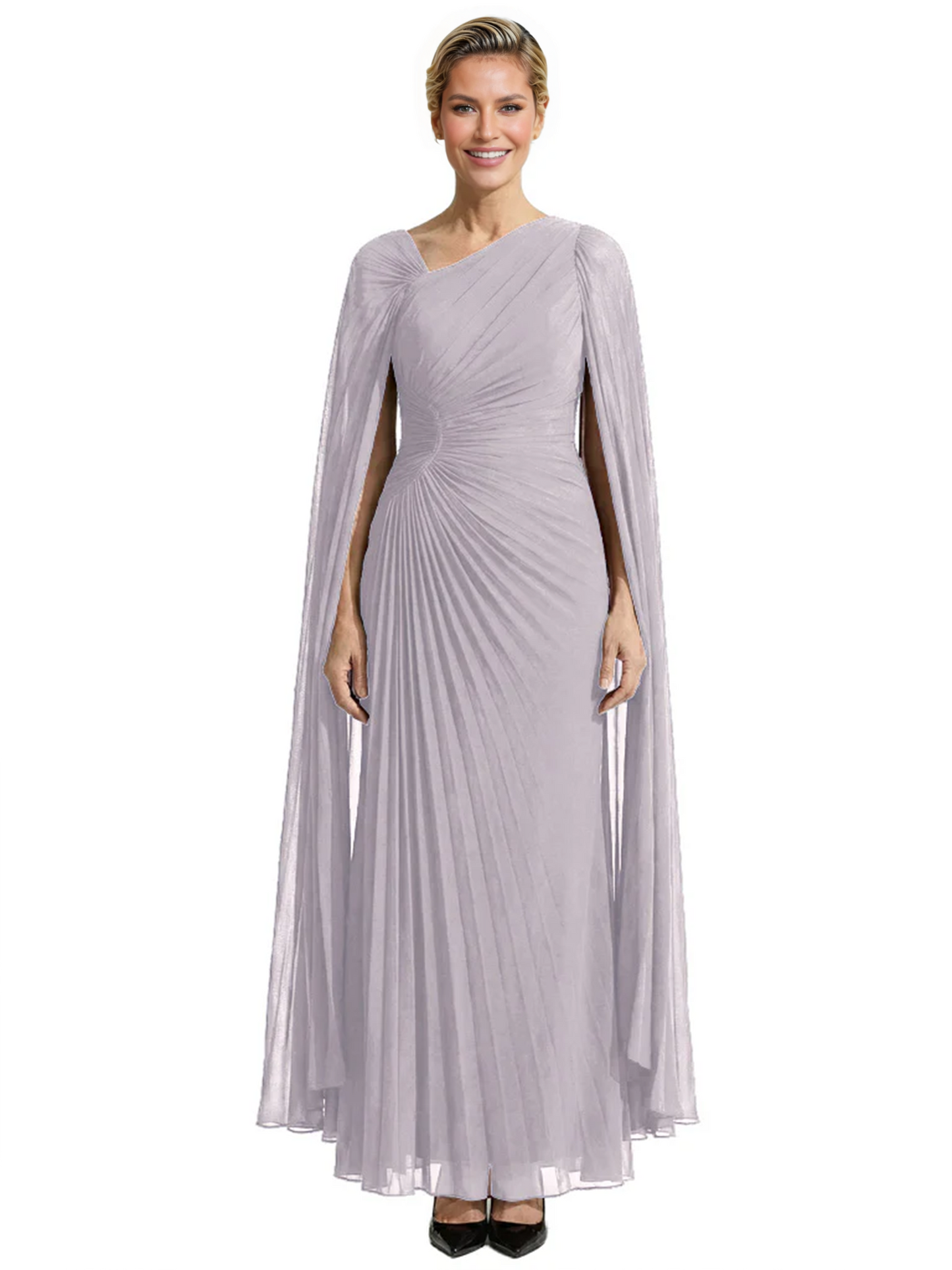 Elegant Asymmetric Neck Long A-Line Chiffon Mother of the Brides Dresses Mom Outfit with Cape
