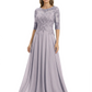 Illusion Neck Mother of the Bride Dress Half Sleeve Lace Applique Gowns Chiffon