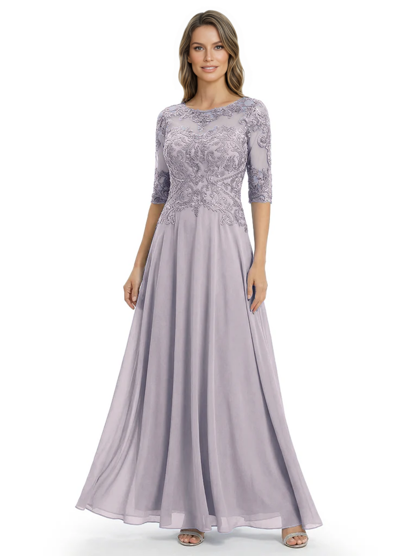 Illusion Neck Mother of the Bride Dress Half Sleeve Lace Applique Gowns Chiffon
