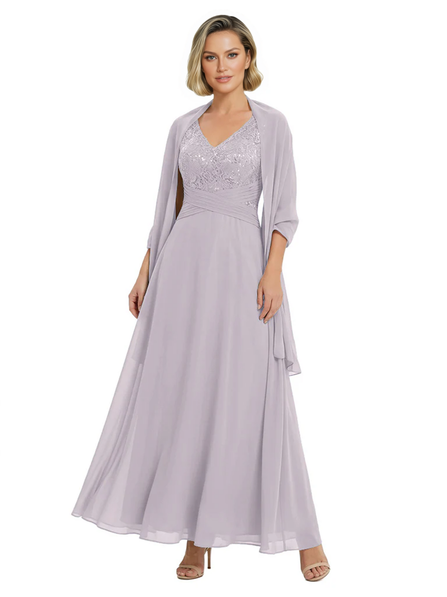 Luxury Formal Mother of Bride Dress Sparkling Sequin Top & Flowy Chiffon Skirt with Shawl